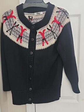 Coldwater Creek Black Cardigan with Red Ski Motif and Cream Yoke
